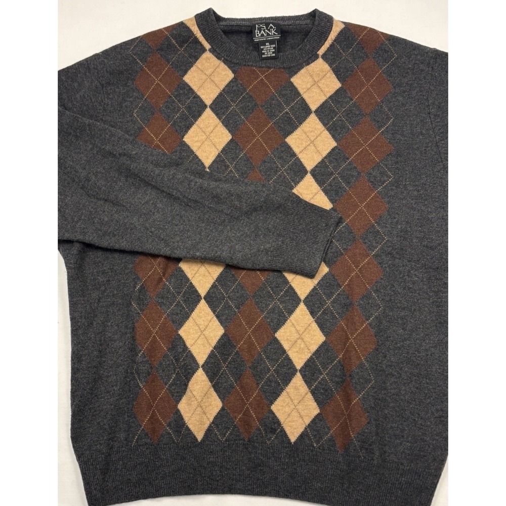 Jos A Bank Lambswool Argyle Crew Neck Sweater Charcoal/Red/Gray/Ivory/Brown/Tan